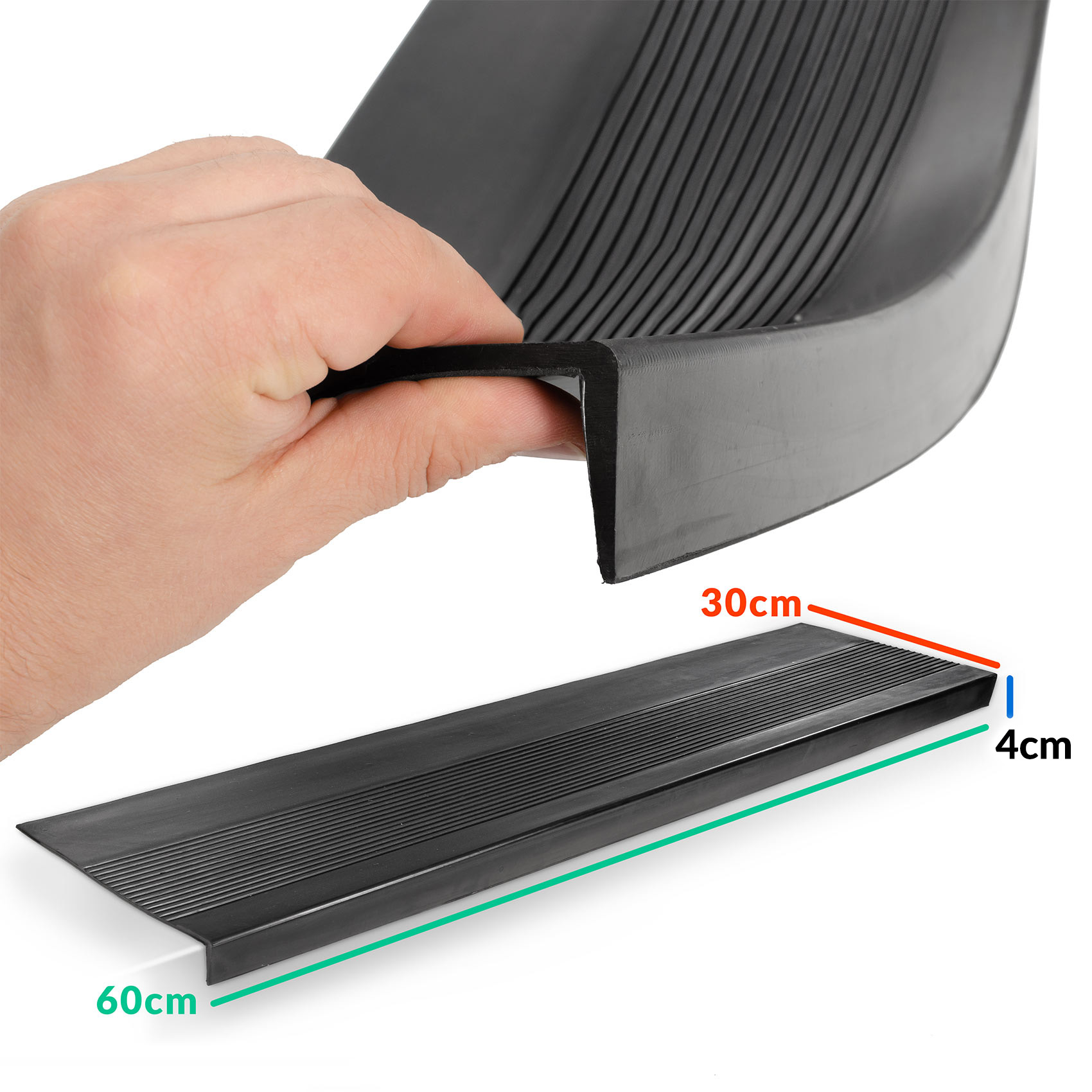 Gummi Stufenmatte Feinriefen gummiert schwarz Winkelkante Gummimatte für Treppe 60x30x4cm